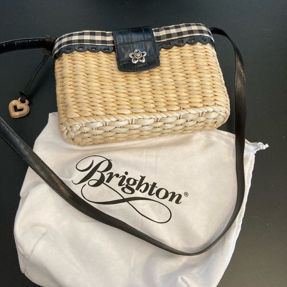 Brighton B&W Gingham Straw Crossbody Purse